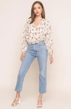 Pleated Surplice Floral Long Sleeve Top -Outlet Cozi Luxe Store AT15081B IVO CORAL SKETCH FL 2B