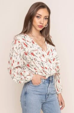 Pleated Surplice Floral Long Sleeve Top -Outlet Cozi Luxe Store AT15081B IVO CORAL SKETCH FL 3AA