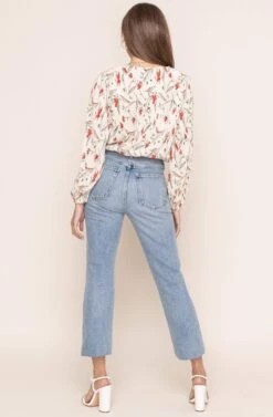 Pleated Surplice Floral Long Sleeve Top -Outlet Cozi Luxe Store AT15081B IVO CORAL SKETCH FL 4BA