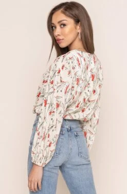 Pleated Surplice Floral Long Sleeve Top -Outlet Cozi Luxe Store AT15081B IVO CORAL SKETCH FL 5B