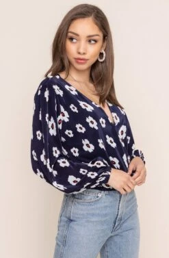Pleated Surplice Floral Long Sleeve Top