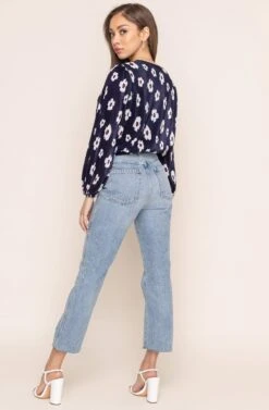 Pleated Surplice Floral Long Sleeve Top -Outlet Cozi Luxe Store AT15081B NAVY RED FLORAL 3AA