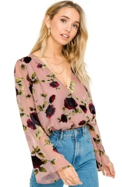 Surplice Floral Burnout Top -Outlet Cozi Luxe Store AT15278 MAUVE FLORAL 3AA