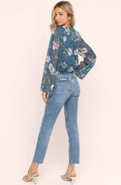 Surplice Floral Burnout Top -Outlet Cozi Luxe Store AT15278 TEAL MAUVE BURNOUT FLORAL 4A