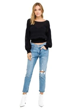 Long Sleeve Smocked Band Blouse -Outlet Cozi Luxe Store AT15283 BLACK 1