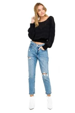 Long Sleeve Smocked Band Blouse -Outlet Cozi Luxe Store AT15283 BLACK 2