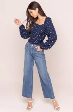 Long Sleeve Square Neck Smocked Top 14 Long Sleeve Square Neck Smocked Top -Outlet Cozi Luxe Store AT15425 NAVY DOT 1AA
