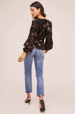 Velvet Burnout Wrap Top -Outlet Cozi Luxe Store AT15439B BLACK MAUVE FLORAL 3