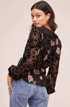 Velvet Burnout Wrap Top -Outlet Cozi Luxe Store AT15439B BLACK MAUVE FLORAL 4
