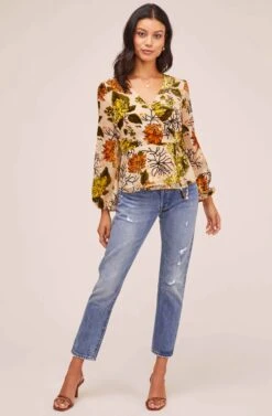 Velvet Burnout Wrap Top -Outlet Cozi Luxe Store AT15439B CREAM ORANGE FLORAL 1