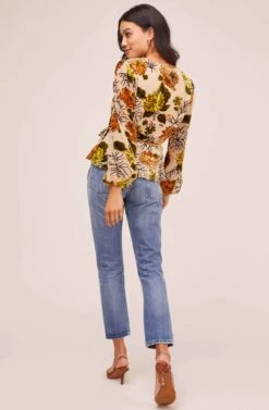 Velvet Burnout Wrap Top -Outlet Cozi Luxe Store AT15439B CREAM ORANGE FLORAL 3