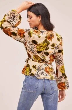 Velvet Burnout Wrap Top -Outlet Cozi Luxe Store AT15439B CREAM ORANGE FLORAL 4