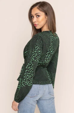 Long Sleeve Wrap Front Tie Top -Outlet Cozi Luxe Store AT15439 BLACK GREEN MULTI FLORAL 4AA