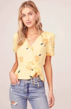 Cinch Sleeve Floral Wrap Top