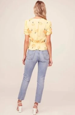 Cinch Sleeve Floral Wrap Top -Outlet Cozi Luxe Store AT15532B YELLOW FLORAL 3A