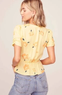 Cinch Sleeve Floral Wrap Top -Outlet Cozi Luxe Store AT15532B YELLOW FLORAL 4AA