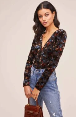 Deep V Floral Burnout Bodysuit -Outlet Cozi Luxe Store AT15571B RUST BLUE BURNOUT FLORAL 2
