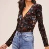 Deep V Floral Burnout Bodysuit -Outlet Cozi Luxe Store AT15571B RUST BLUE BURNOUT FLORAL 3