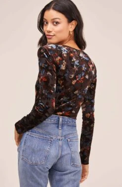 Deep V Floral Burnout Bodysuit -Outlet Cozi Luxe Store AT15571B RUST BLUE BURNOUT FLORAL 5