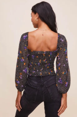 Shirred Long Sleeve Floral Smocked Top 19 Shirred Long Sleeve Floral Smocked Top -Outlet Cozi Luxe Store AT15780 BLACKPURPLEFLORAL 11