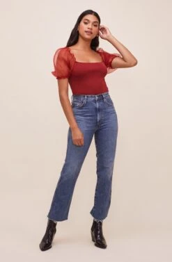 Darling Sheer Puff Sleeve Bodysuit -Outlet Cozi Luxe Store AT15988 WINE 1