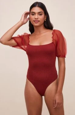 Darling Sheer Puff Sleeve Bodysuit -Outlet Cozi Luxe Store AT15988 WINE 7