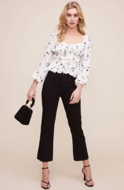 Shirred Long Sleeved Peplum Top -Outlet Cozi Luxe Store AT16028 CREAM BLACK DITSY 2