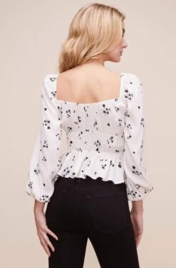 Shirred Long Sleeved Peplum Top -Outlet Cozi Luxe Store AT16028 CREAM BLACK DITSY 7
