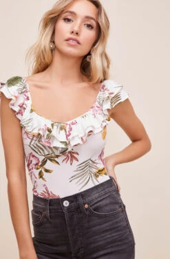 Double Ruffle Off The Shoulder Rib Bodysuit