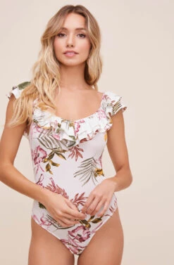 Double Ruffle Off The Shoulder Rib Bodysuit -Outlet Cozi Luxe Store AT16160 CREAM MAUVE PALM 6