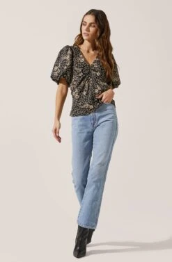 Deep V Balloon Sleeve Top -Outlet Cozi Luxe Store AT16293 BLACK TAUPEMULTIFLORAL 1