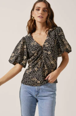 Deep V Balloon Sleeve Top -Outlet Cozi Luxe Store AT16293 BLACK TAUPEMULTIFLORAL 2