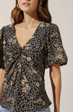 Deep V Balloon Sleeve Top -Outlet Cozi Luxe Store AT16293 BLACK TAUPEMULTIFLORAL 3