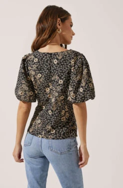 Deep V Balloon Sleeve Top -Outlet Cozi Luxe Store AT16293 BLACK TAUPEMULTIFLORAL 4
