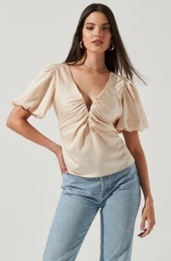 Deep V Balloon Sleeve Top