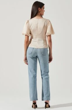 Deep V Balloon Sleeve Top -Outlet Cozi Luxe Store AT16293 CHAMPAGNE 3