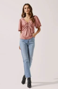 Deep V Balloon Sleeve Top -Outlet Cozi Luxe Store AT16293 DARKBLUSH 1
