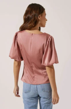 Deep V Balloon Sleeve Top -Outlet Cozi Luxe Store AT16293 DARKBLUSH 4