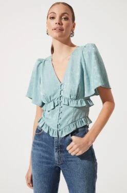 Short Sleeve Ruffle Hem Top -Outlet Cozi Luxe Store AT16334 SAGE 990