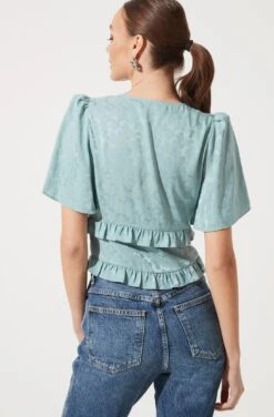 Short Sleeve Ruffle Hem Top -Outlet Cozi Luxe Store AT16334 SAGE 992