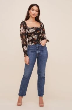 Square Neck Ruched Floral Top -Outlet Cozi Luxe Store AT16433 BLACKMULTIFLORAL 1