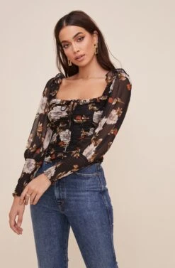 Square Neck Ruched Floral Top -Outlet Cozi Luxe Store AT16433 BLACKMULTIFLORAL 2