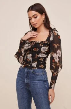 Square Neck Ruched Floral Top -Outlet Cozi Luxe Store AT16433 BLACKMULTIFLORAL 3