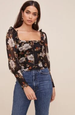 Square Neck Ruched Floral Top -Outlet Cozi Luxe Store AT16433 BLACKMULTIFLORAL 4