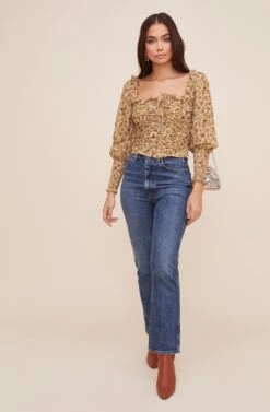 Square Neck Ruched Floral Top -Outlet Cozi Luxe Store AT16433 IVORY MUSTARDFLORAL 1
