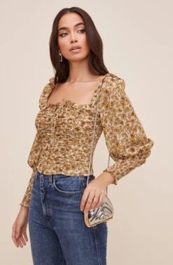 Square Neck Ruched Floral Top -Outlet Cozi Luxe Store AT16433 IVORY MUSTARDFLORAL 2