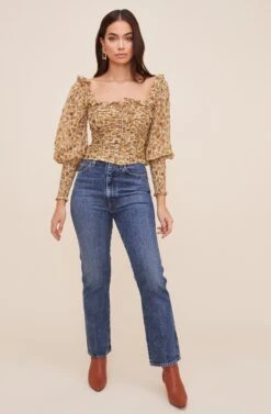 Square Neck Ruched Floral Top -Outlet Cozi Luxe Store AT16433 IVORY MUSTARDFLORAL 3