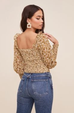 Square Neck Ruched Floral Top -Outlet Cozi Luxe Store AT16433 IVORY MUSTARDFLORAL 6