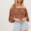Off The Shoulder Cropped Volume Sleeve Top -Outlet Cozi Luxe Store AT16510 RUST MULTI DITSY 2