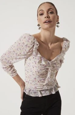 Ruched Sleeve Sweetheart Top -Outlet Cozi Luxe Store AT16558 PURPLE MUSTARD DITSY 1025